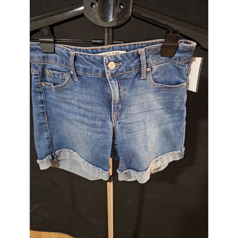 Celebrity Pink Medium Wash Fray Cuffed Denim Shorts